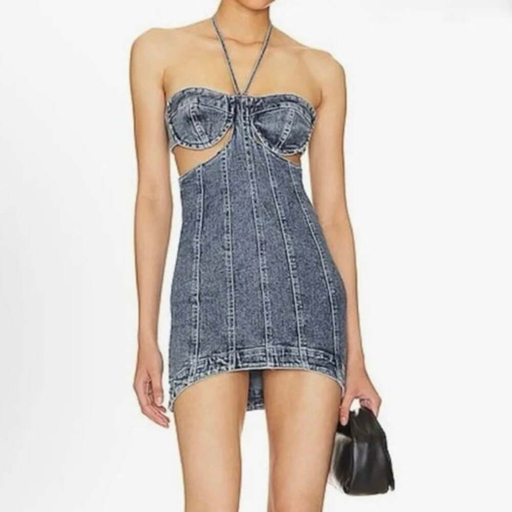 H:ours Velma denim halter mini dress Large